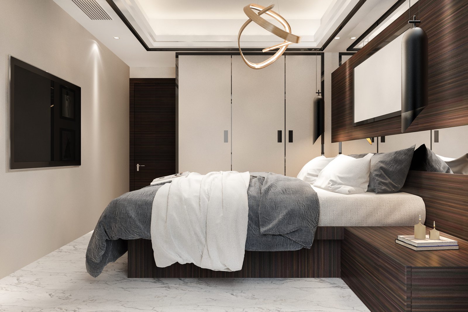 3d rendering  luxury modern bedroom suite in hotel with tv and cabinet